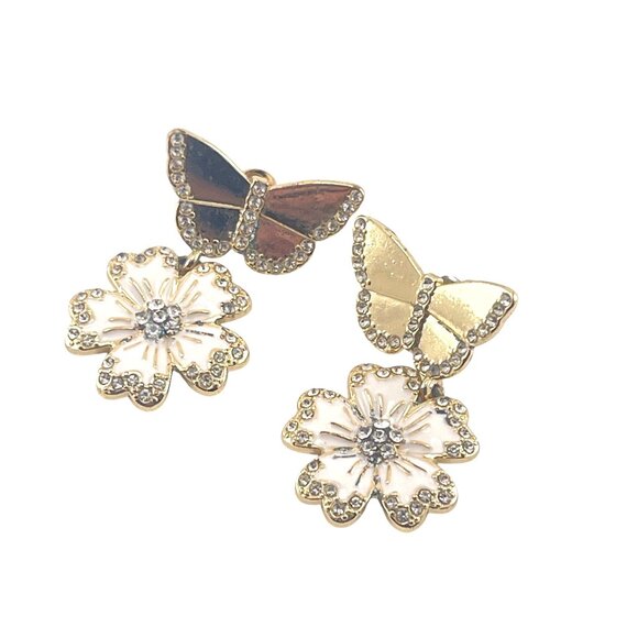 Sugar Fix Butterfly & Flower Gold-Tone Drop Earrings With Rhinestones And Enamel - Picture 2 of 6